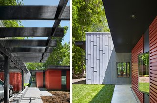 The horizontal orientation of the cement board, painted black, creates a line of vision that leads to the forest, while its deep overhangs help shield the sun. A small lawn, gravel, and native grass weave the wooded setting in the residence’s landscape design.