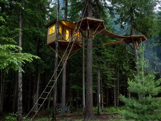 Ethan Schussler built his first tree house at 12 years old. His today, in Sandpoint, Idaho, sits 30 feet above the ground and is accessed, if not by the rope ladder, an "elevator" consisting of a bicycle that, when pedaled, ascends a pulley system to the top.