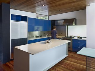 An Indoor-Outdoor Renovation for a 1950s Ranch House in the Bay Area - Photo 4 of 8 - Accenting the warm wood tones, pops of cobalt blue are found throughout the home, including in the kitchen. The space, which anchors the new living wing, features custom lacquer finish cabinets, Caesarstone counters, a Bertazzoni range, a Miele dishwasher, a Kohler sink, and a custom stainless steel backsplash.