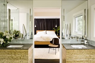 The cabinets in the master bathroom are made of kirei board, a material produced from the stalks of sorghum.