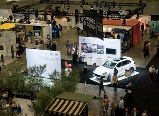 Porsche’s Design Materials Laboratory included a Cayenne S E-Hybrid and objects that reference its core materials, including carbon fiber and leather.