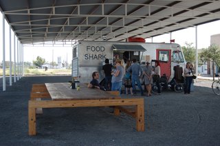 Food Shark, a local mobile eatery, does not disappoint. Starting at noon, there are already a hungry throng queued up and lounging on Donald Judd–designed furnishings.