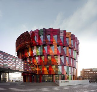 Kuggen, University Hub at the Chalmers Campus Lindholmen Located in Gothenburg, Swede, Kuggen is a university building to connect various departments together. Designed look different at all angles, the triangular windows alternate between glass and glazed terracotta panels. The build mixes leasable offices and classrooms to cultivate an active town. Aside from its striking appearance, the building is equipped with motion-activated lighting and ventilation systems to save energy. 