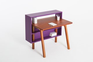 The PLAYplay collection by Lanzabecchia + Wai for Journey East features the Bazaar desk, a compact writing surface with built-in shelves that can be accessed from both sides of the piece.