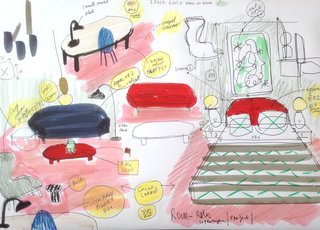 Jaime Hayon is Given the Keys to an Iconic Copenhagen Hotel - Photo 7 of 9 - Hayon's sketch shows how he mixes color, textiles, and furniture in the room. "It's like cooking a meal," he says. "I have a lot of ingredients and I need to combine them well to get the right flavor. After I'm happy with the formal result, then I combine color between the pieces."