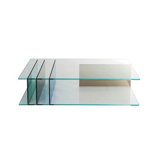 Server cocktail table by Roberto Tapinassi and Maurizio Manzoni for Roche Bobois Green, bronze, and dark blue panels support the two clear panes of this all-glass piece. 
