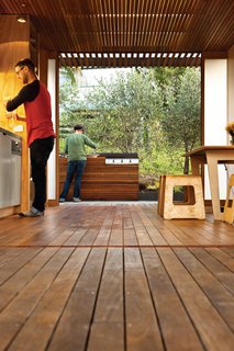 Eucalyptus is used for the kitchen floor and ceiling slats.