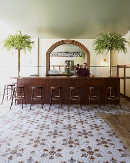 Faust, the hotel's restaurant, hearkens back to 19th-century Bavarian beer hall. The bar, stools, and furniture in the space are by Jessica Carnevale, a RISD-trained designer who's based in Brooklyn. 