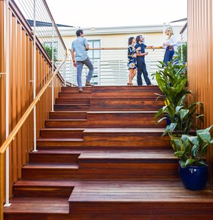 The staggered terrace, lined with cast iron plants (Aspidistra elatior), leads up from the living room. 