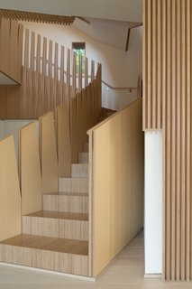 What’s the Twist Behind This Home’s Sinuous Staircase? Ordinary Plywood - Photo 9 of 14 - <span style="line-height: 1.8;">A view of the central staircase from the entry-level floor emphasizes vertical, tapering forms, a motif found throughout the home.</span>