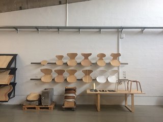 Seats and bases by Arne Jacobsen on display at Fritz Hansen headquarters in Copenhagen. 