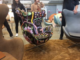 The Hawai fabric by Josef Frank for Svenskt Tenn covers an Egg chair by Arne Jacobsen.