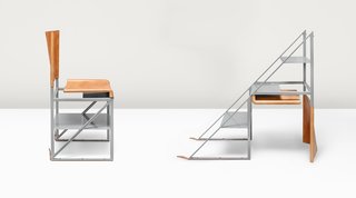 What if Furniture Worked Like a Swiss Army Knife? - Photo 2 of 3 - By turning the Stepladder Chair upside down and unfastening a pair of aged leather straps, users get three solid steel steps for reaching high shelves. 
