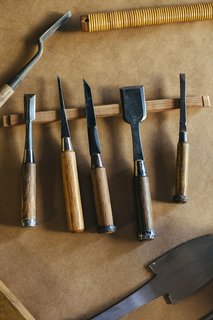 Led by Hisao Hanafusa, 80, with help from his son Zui, 45, Miya Shoji also makes tansu chests, tatami platform beds, and other furniture. Nomi, or Japanese chisels, are some of the most-used tools of the trade. 