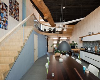 The dining and kitchen area are located on the first floor. The ceramic tile is from a local source, which is Cradle to Cradle certified.