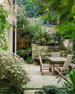 As the founder of one of Sydney’s leading landscape companies, Michael Bates designed the luscious garden of his 100-year-old sandstone home in North Sydney. He augmented the existing plantings and made the space functional and more optimal for entertaining. He chose a focused selection of plants with broad leaves.