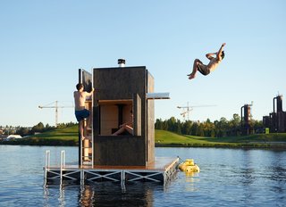 Bathers can easily exit the structure and dive into the cool water via the door or the side hatch. 