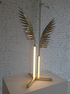 The brass and LED Alexandria Lamp, by Moving Mountains, cut a dramatic figure at the Lightness: The Full Spectrum exhibition at Colony. 
