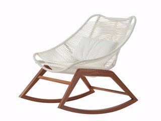 Designed by Antoine Fritsch and Vivien Durisotti for Roche Bobois, this sculptural armchair features a mahogany frame and a seat constructed with two intersecting nautical cord braids.
