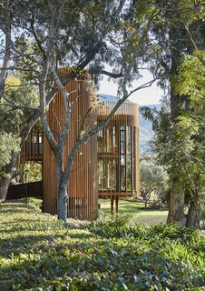 Lofted amid eucalyptus and oak trees, Graham Paarman’s house is a glassed-in, steel-frame structure with a veil of vertical slats. Excluding outdoor areas, it measures about 720 square feet. 