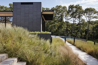 A tight pattern of slate cladding complements a wild carpet of native grasses outside an East Hampton residence by Paul Masi of Bates Masi + Architects. The home, sited to capture the breeze, was constructed for a family of wind-sports enthusiasts.