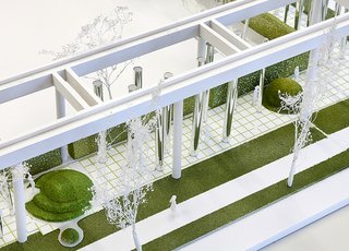 Anything Can Happen In The Woods by Plan B Architecture & Urbanism </p><p><br> An installation reimagines the pergola at the Cummins Corporate Office Building, designed by Kevin Roche John Dinkeloo and Associates, as an urban forest—including mirrored columns, conversation pits, outdoor rooms, and grass-covered mounds.