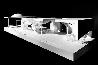 Untitled by Oyler Wu Collaborative </p><p><br> Eero Saarinen’s interest in Euclidean geometries, contrasts between solids and voids, and tectonics informs Oyler Wu’s design, which uses three canopies at the Irwin Conference Center—legacies of the building’s history as a drive-up bank—to create a self-contained complex of solid and semipermeable walls.