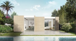 The West Los Angeles Pool and Guesthouse is 410 square feet and features a full kitchen, bedroom, and bathroom. It also doubles as a pool house and guesthouse. The compact design features floor-to-ceiling windows that bring the outside in.