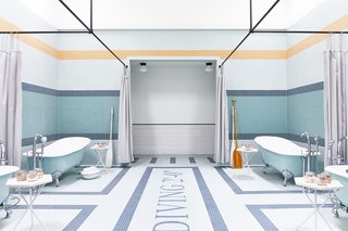 Outfitted with four mint green clawfoot tubs, the bathing room is where guests can steep in medicinal salt soaks.