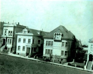 A Historic Victorian in San Francisco Is Meticulously Transformed Into a Modern Family Home - Photo 2 of 26 - Historic photograph, not dated, post-1902. The subject property is shown at the far left with the original detailing intact. This image, representing the most authentic snapshot of the home’s original appearance, was critical to the facade's reconstruction.