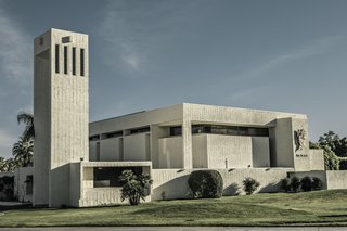 Better known for its swanky hotels and club houses, Palm Springs also contains an abundance of religious architecture. On any Sunday, congregants can be found at places of worship by Albert Frey (Wiefels Mortuary), William Cody (Saint Theresa Catholic Church), and Howard Lapham (First Baptist Church of Palm Springs). Built in 1973, Laszlo Sandor’s concrete Seventh Day Adventist Church borrows ideas from brutalism, with thin horizontal and vertical windows and a blocky steeple.