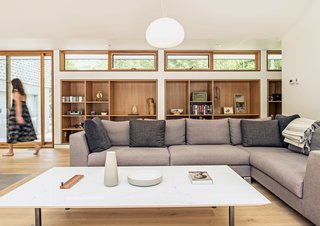 Recessed built-ins made of Douglas fir were milled by TJM Custom Interiors. 