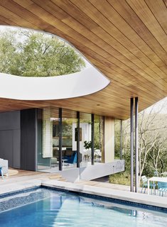 Cover Story: This House in Austin Has a Tree Growing Right Through It - Photo 9 of 10 - A second aperture in the roof is located over the shallow end of the pool. An alfresco dining area, with seating by Kettal, is perched a few steps below.