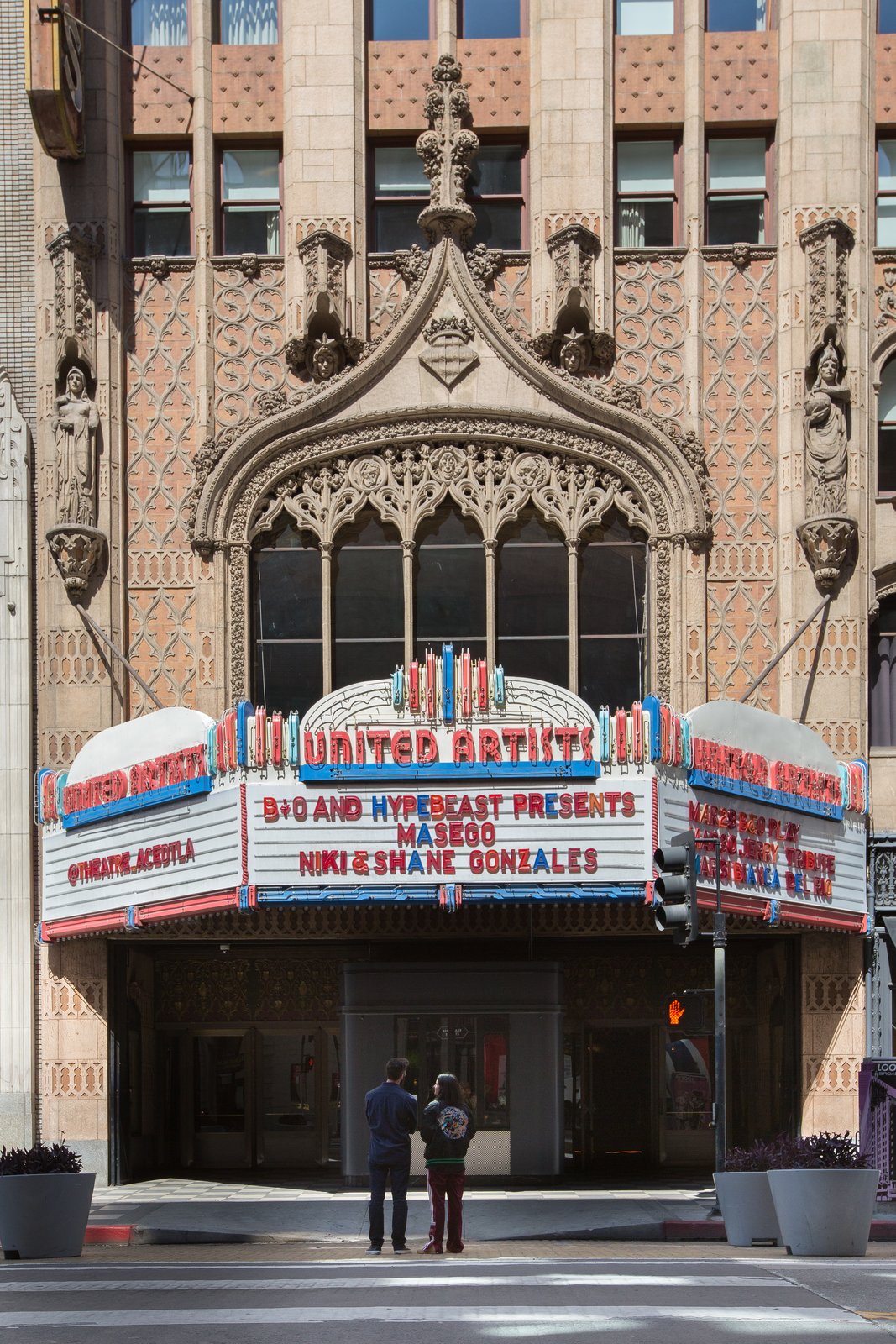 The United Artist Theatre at the Ace Hotel, a beautifully restored 1920s movie theater, has a timeless quality to it, both inside and out.