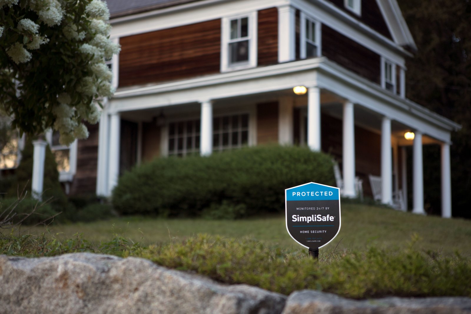 The SimpliSafe security system comes with a stake for the yard, a warning to would-be intruders.