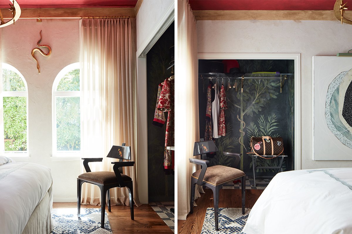 Inspired by a recent trip to the ancient Roman villa and seaside refuge of Pompeii, Italy, this bedroom by Kari McIntosh Design serves as a tranquil retreat for special guests of the home. Soothing neutral tones—ivory walls and cream bedding—are juxtaposed with a dramatic red Venetian plaster ceiling. Tucked inside the closet is the "Lararia," a lavish fresco with vibrant imagery of trees and snakes, believed by Romans to bring abundance and good fortune.
