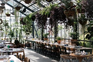 Next to the shimmering pool on the second floor of L.A.'s The LINE, the hotel's restaurant is housed in a lush, urban greenhouse with ferns and succulents hanging from the ceilings.