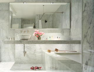 Hariri and her husband have separate bathrooms, each with their preferred. He preferred a shower, but Hariri wanted a tub. "I love my bathroom," Hariri says, but emphasizes that she and her husband still get ready together. The two bathrooms share a hallway. "You can be in the same space and talk to each other still, get dressed together," she says.
