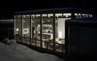 One way the house welcomes outsiders in is through the middle module’s floor-to-ceiling Marvin Windows. "The mullions between the windows are engineered to be as narrow as possible, so the glass could be expansive," says Rappe. 