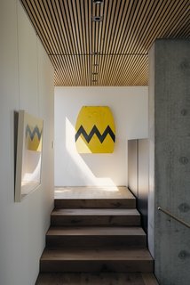 "Middle Aged Charlie Brown" by David Buckingham hangs at the top of the staircase.