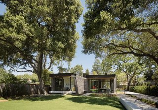 Mature oak trees provide shade on the back lawn.