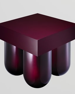 Álvaro Gómez-Sellés and Marisa Müsing, known jointly as Müsing–Sellés, created a portly plywood cocktail table, coated in reflective aubergine gloss, as part of their new line.