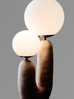 Eny Lee Parker's hand-formed ceramic Oo lamp has a sculptural quality that distinguishes her furniture and lighting. 