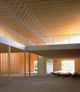 For the Minneapolis Rowing Club Boathouse, VJAA used a rhythmic series of roof trusses made out of glue-laminated beams, steel posts, and steel cables. As the angled trusses come together and support the curving, plywood roof structure, they reflect the power and grace of a rower's oar stroke. 