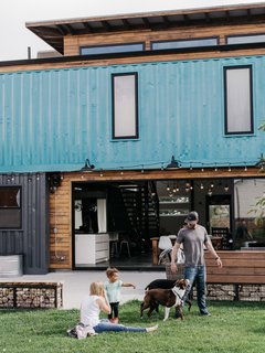 Gabion walls define the back patio.
