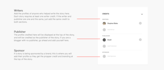 With the story tool, you can define separately the writers, publisher, and sponsor for each article.