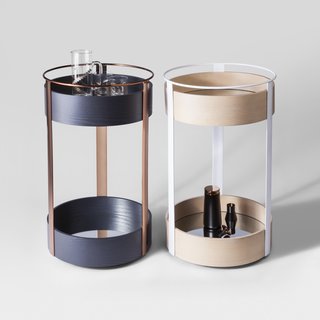 Bar Trolley, $149.99. Deam + Dine designed each piece to be versatile and "aesthetically durable," like this circular, two-tier bar cart made from mirrored, wooden trays and a powder-coated steel frame.