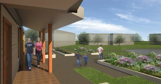By changing the grade of the site, the architecture team eliminates the need for steps, so the entrance to the house is flush with the front yard.