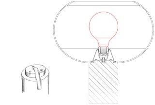 A sketch of the Buds table lamp shows how the glass shade attaches to the cylindrical plastic base.