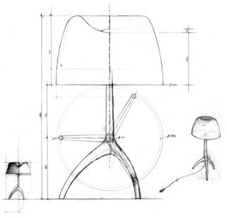 Sketches of the Lumiere lamp, originally designed by Dordoni for Foscarini in 1990, show the light's signature tripod base. The product helped put the Italian company on the map.